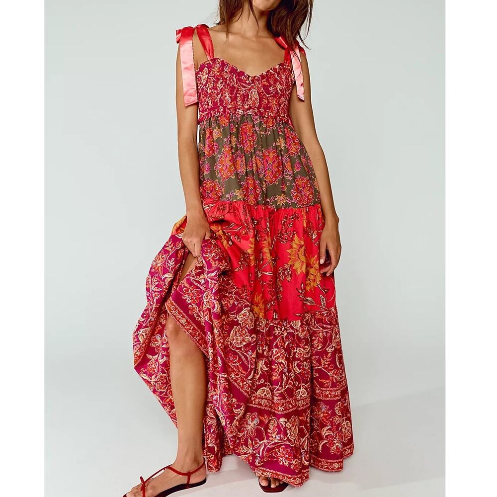 Free People Bluebell Maxi Dress L Magenta Combo Floral Tiered Smocked Boho